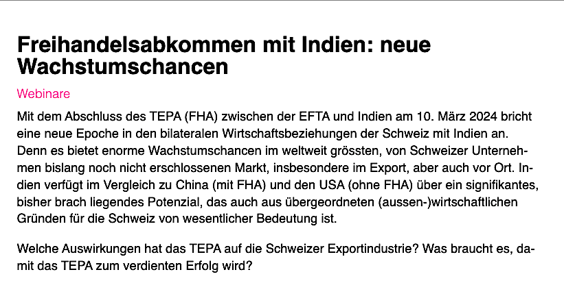 Swiss Export - Freihandlungsabkommen mit Indien